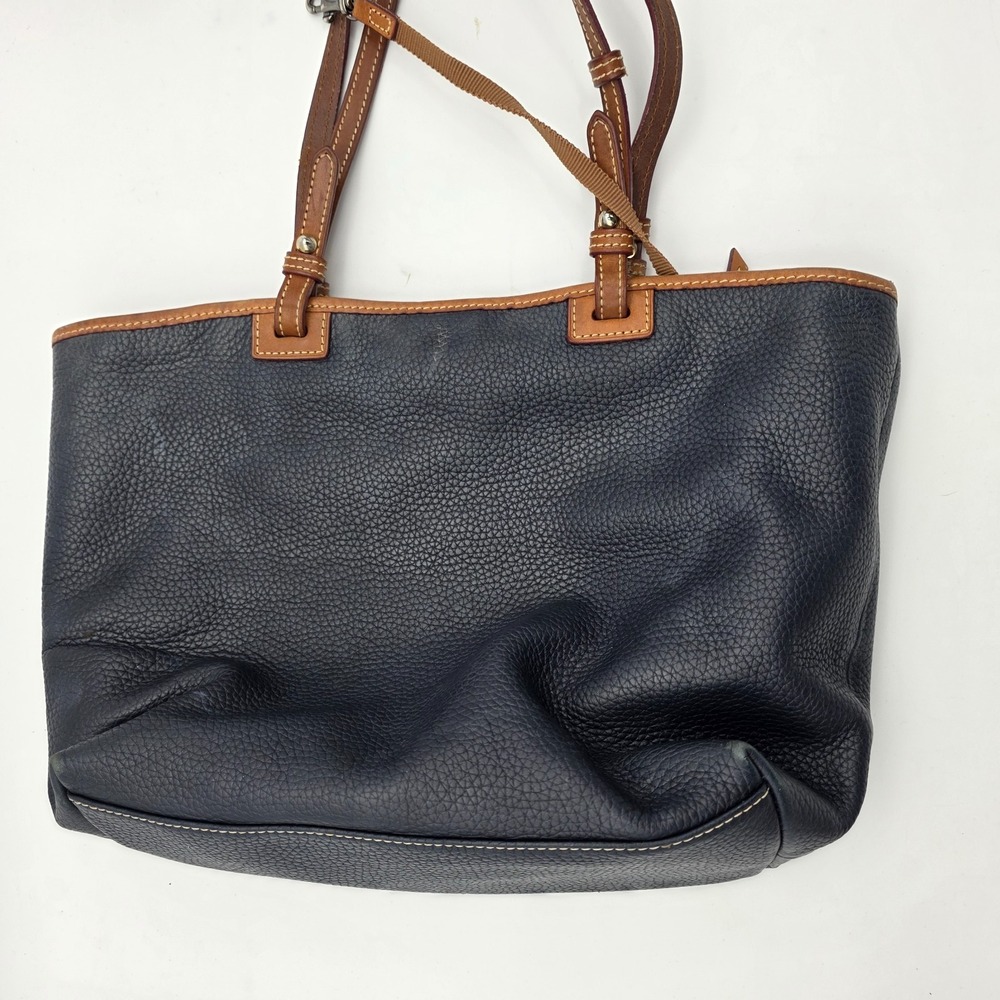 Dooney & Bourke Pebbled Navy Tote Bag Brown Handles Red Interior - Picture 6 of 11